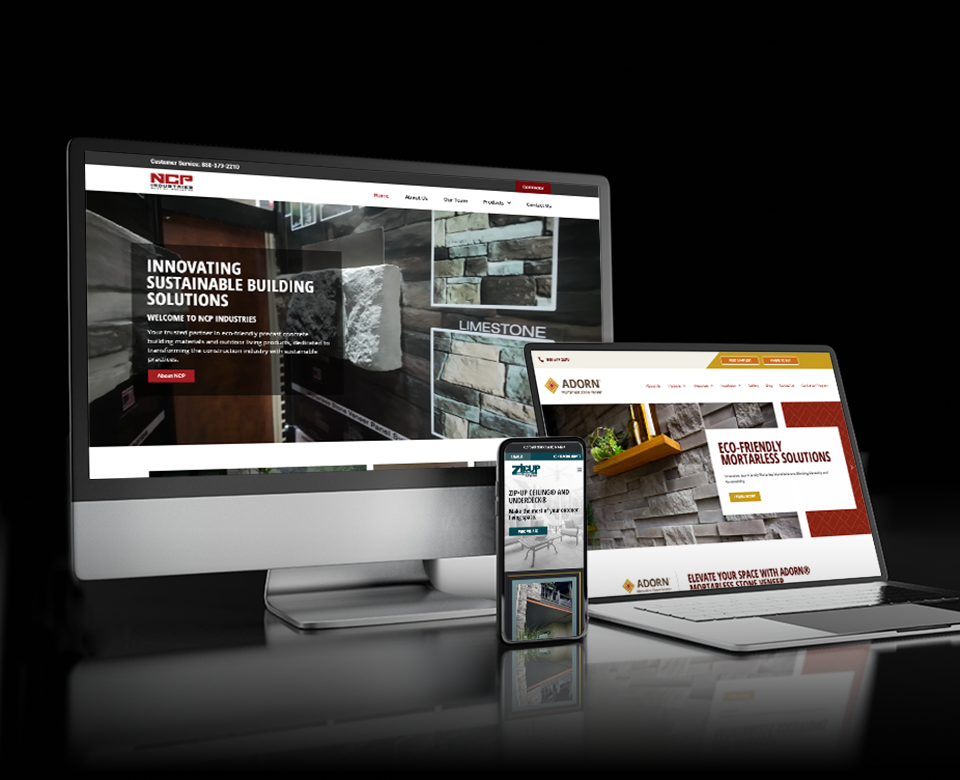 NCP Industries, Adorn Stone Veneer, and Zip-Up Ceiling website designs by Tech Harbor Digital